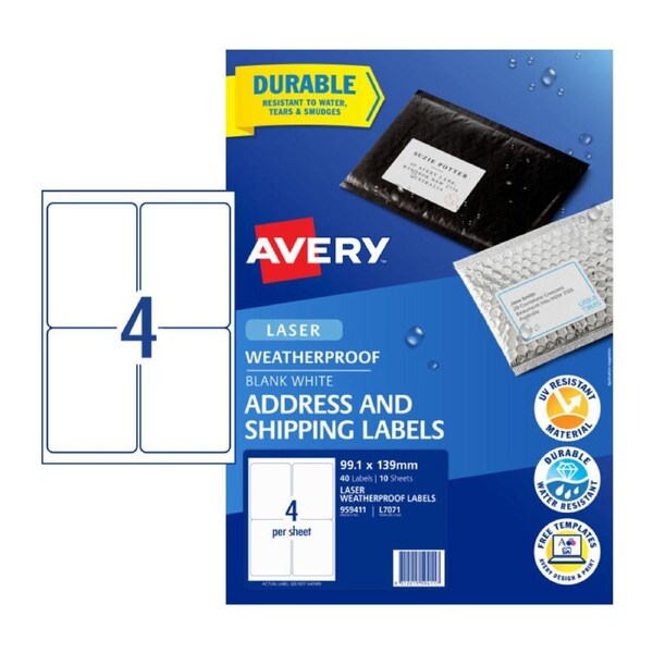 Avery Laser Label L7071 4-Up Pack of 10 Sheets
