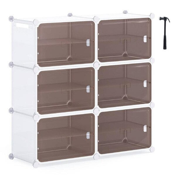 Giantex Adjustable 6-Tier Plastic Shoe Rack Organizer w/Magnetic Doors Removable Shelves&Side Hooks Expandable Stackable Shoe Storage Cabinet Closet