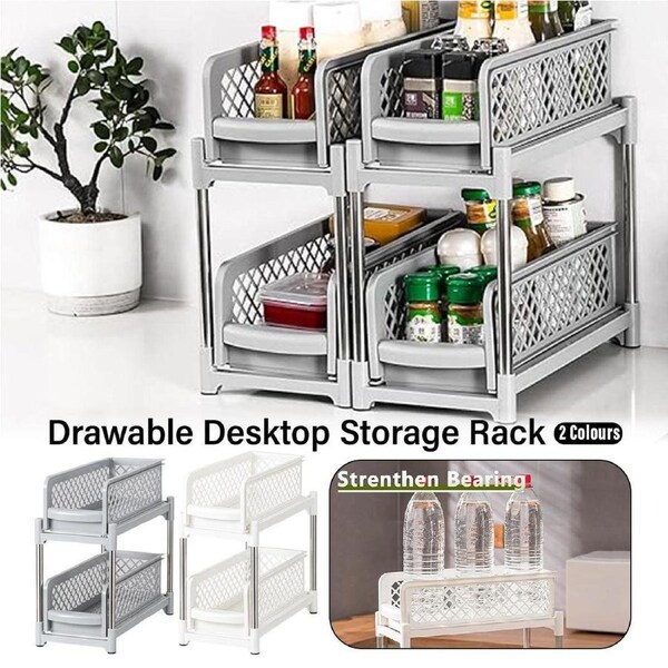 Premium Kitchen Sink Storage Rack - Plastic Drawer Organizer Shelf - Grey