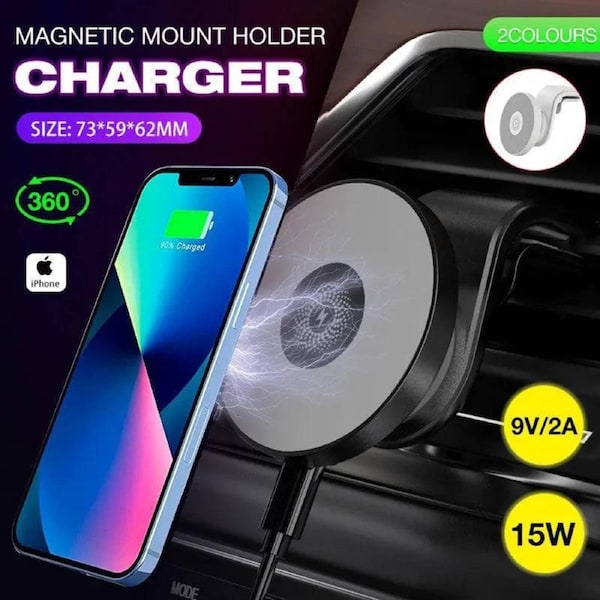 Wireless 15W Magnetic Car Mount Charger for iPhone 13/12 - Black