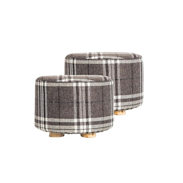 La Bella 2-Set Ottoman Round Foot Stool with Faux Linen Fabric Cover - Lattice