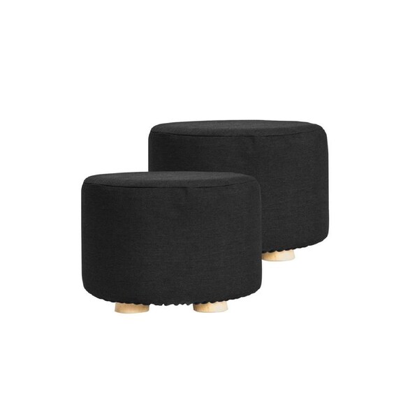 La Bella 2-Set Ottoman Round Foot Stool with Wooden Legs & Faux Linen Fabric - Black
