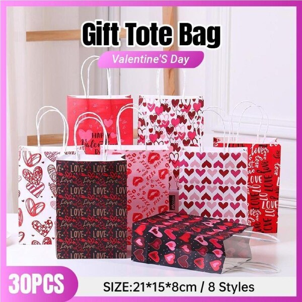 30x Valentines Day Love-Themed Tote Bag Elegant Kraft Paper Handbag Lightweight - Y167