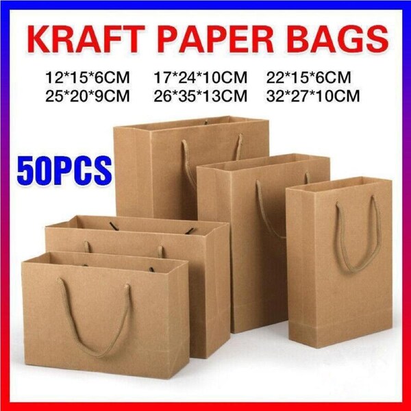 50X Kraft Paper Bags Gift Shopping Carry Craft Brown Bag With Handles - 50PCS 22*15*6CM