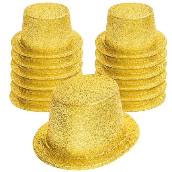12x GLITTER TOP HAT Fancy Party Plastic Costume Tall Cap Fun Dress Up BULK - Yellow/Gold