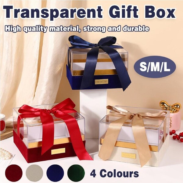 Premium Acrylic Gift Box Souvenir Display Case with Bow - Clear Blue Large
