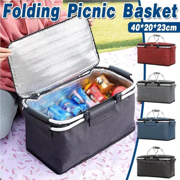 Folding Picnic Basket Insulated Cooler Bag Portable Outdoor Grocery Storage - Grey