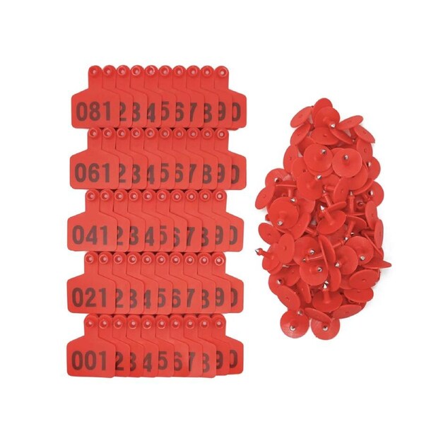 Red Small Cattle Ear Tags 1-100 Set 5x4cm for Goats Pigs Livestock