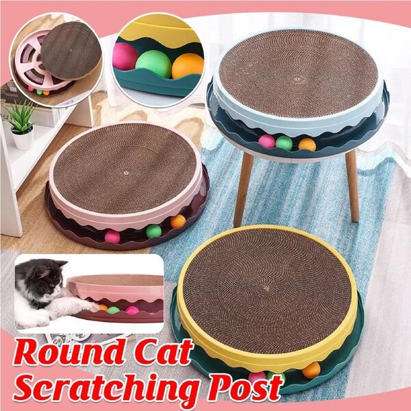 Cat Scratcher Turntable Toy - Large Round 36 cm Corrugated Board with Balls - Yellow