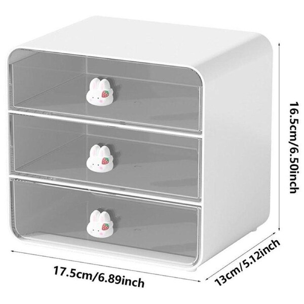 3-Tier Desktop Organiser Drawer Shelf, 17.5x13x16.5cm, White with Rabbit Handles