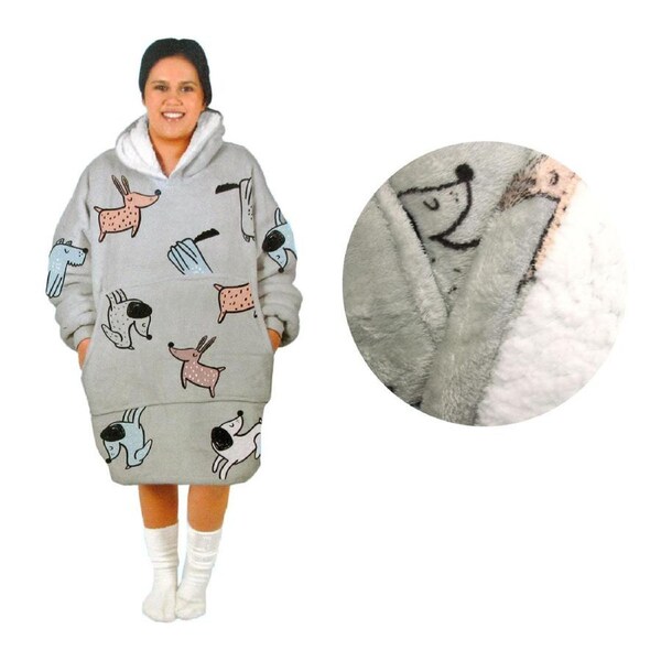 Adult Women Comfy Warm Blanket Hoodie - Sherpa Fleece Reverse - Grey Dogs