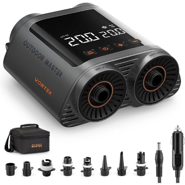 OutdoorMaster Portable Electric Paddle Board Pump, Max 20PSI, 8 Nozzles, 12V/15.8V DC