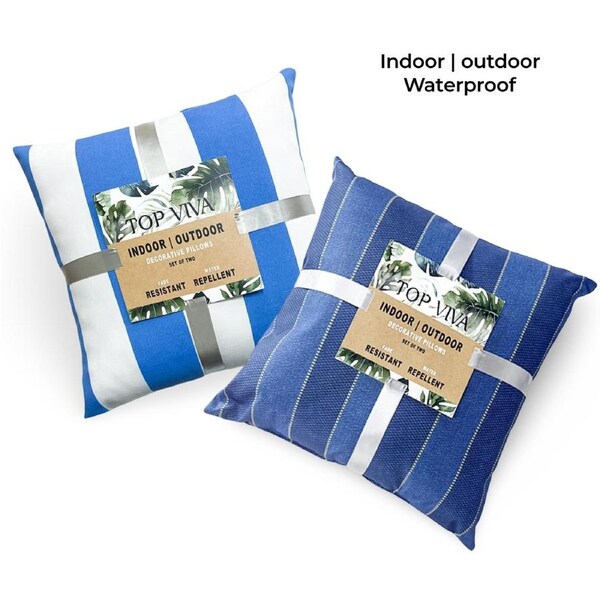 Blue Stripe Cushion Set 2 Indoor Outdoor Chair Pad 45cm - Polyester, PU Coat