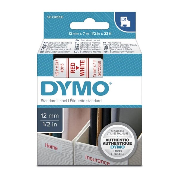 DYMO 12mm x 7m Red on White Tape - Premium Quality Labels for POS Stations