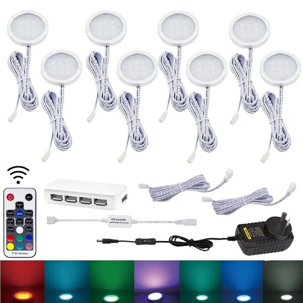 RGB Color Changing LED Under Cabinet Lighting Kit, 8 Puck Lights, Aluminum, Remote Control
