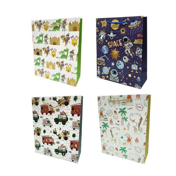 Large Size Playful Adventure Foiled Gift Bags Assort - 24 Pack, 26x32cm