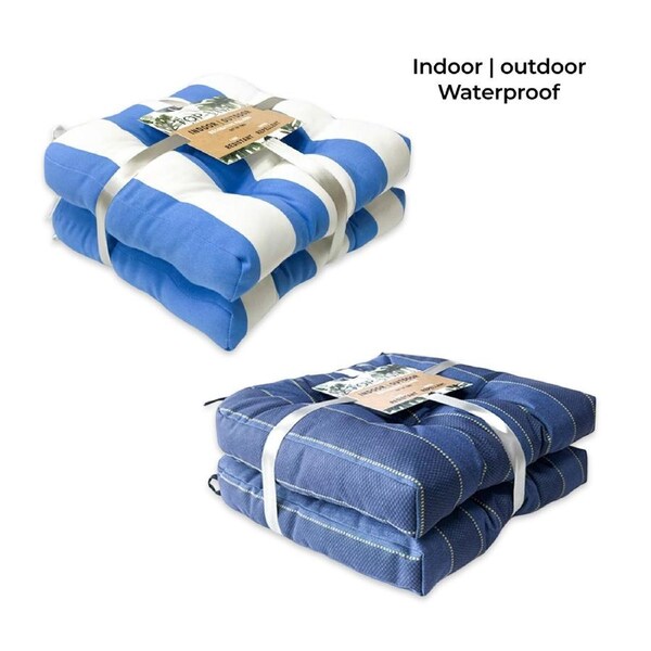 Blue Stripe Cushion Set 2 Indoor Outdoor Chair Pad 40cm - Polyester, PU Coat