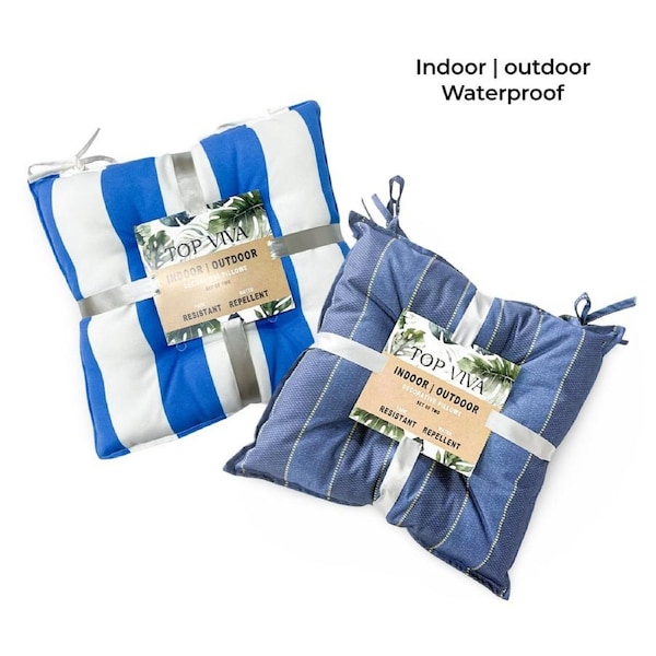 Blue Stripe Cushion Set 2 Indoor Outdoor Chair Pad 40cm, Polyester, 1kg