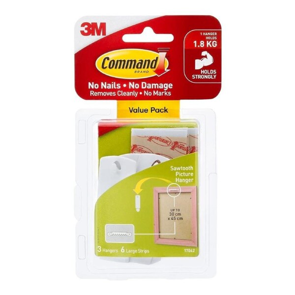 Command White Adhesive Sawtooth Picture Hanger 3 Pack - Plastic - Damage-Free