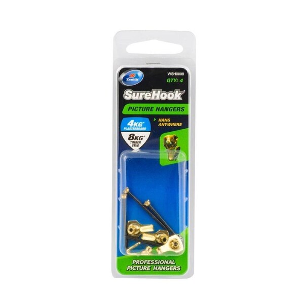 Zenith Picture Hanger 4 Pack - 8kg Brass Plated - Secure Wall Storage