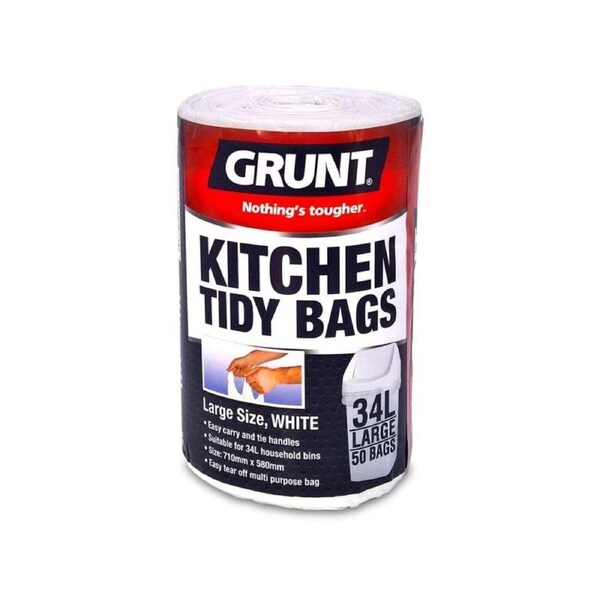 Grunt 34L Kitchen Tidy Bags - 50 Pack - White - Strong - Convenient Handles