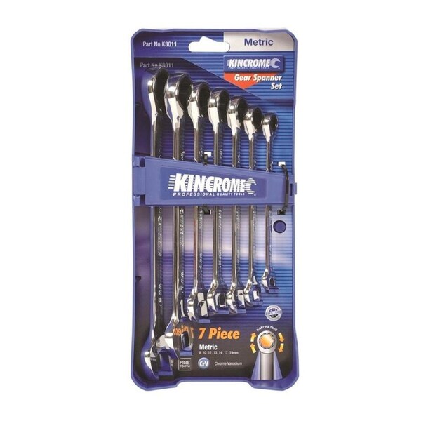 Kincrome 7 Piece Metric Geared Spanner Set Chrome Vanadium Steel Ratcheting 12 Point