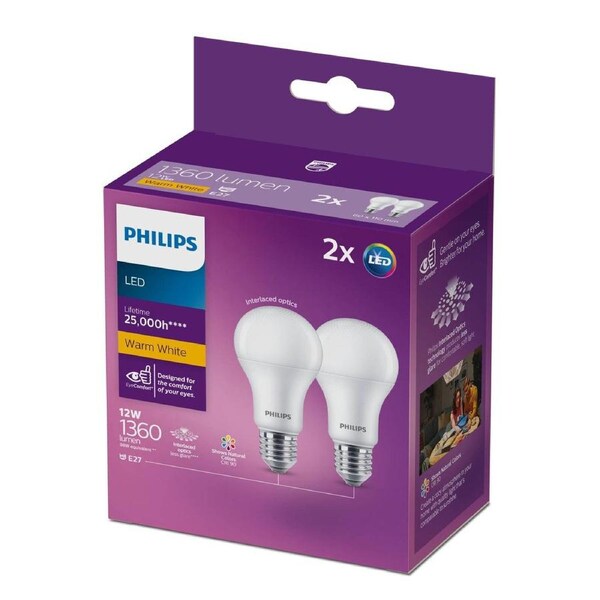 Philips A60 E27 LED Globe 12W 1360lm Warm White 2 Pack