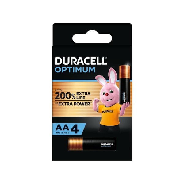 Duracell AA Optimum Batteries - 4 Pack - 1.5V - Alkaline - Copper/Black - High-Drain Performance