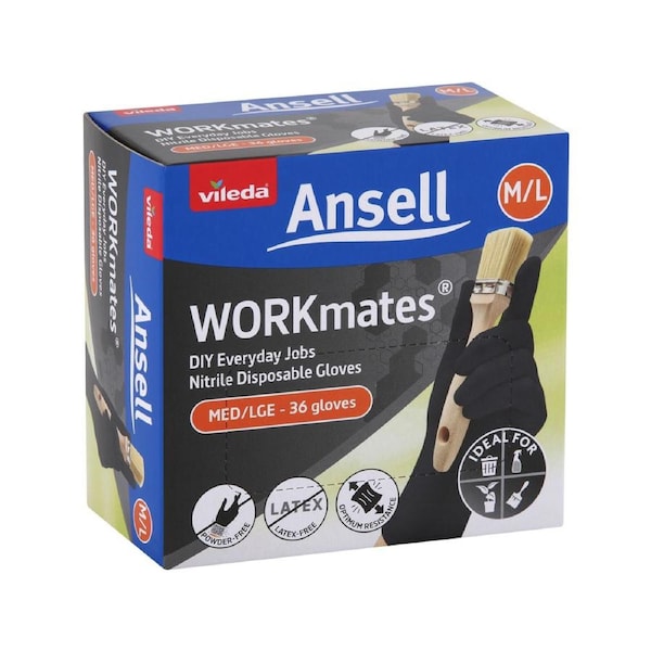 Vileda Ansell Workmates Nitrile Disposable Gloves 36pk M/L - Latex-Free - Powder-Free - Puncture Resistant