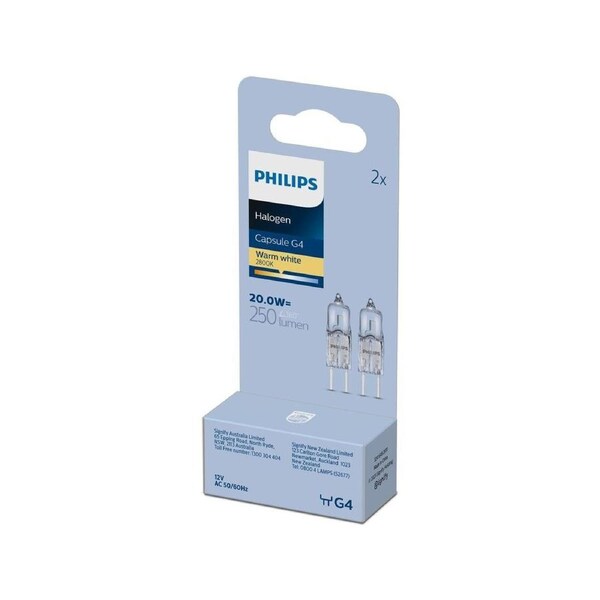Philips G4 Halogen Capsule 20W 255lm Clear 2 Pack - Compact Size - Dimmable