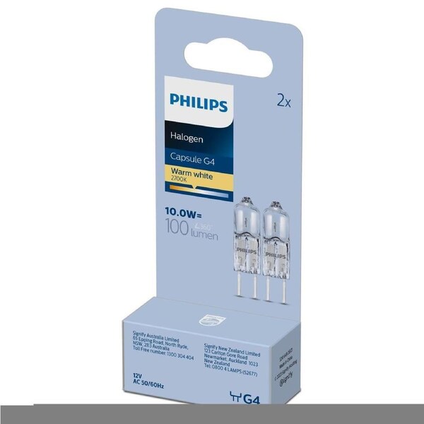 Philips G4 Halogen Capsule 10W 2 Pack - 100lm - Clear - Dimmable