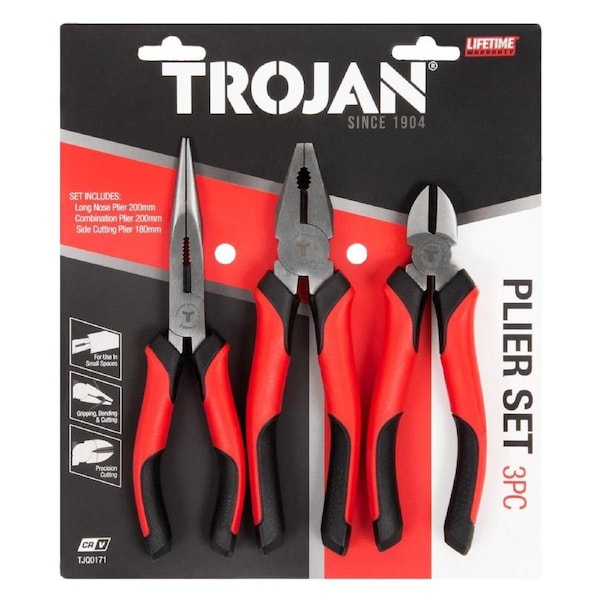 Trojan 3 Piece Plier Set - Chrome Vanadium Steel - 280mm x 40mm x 240mm