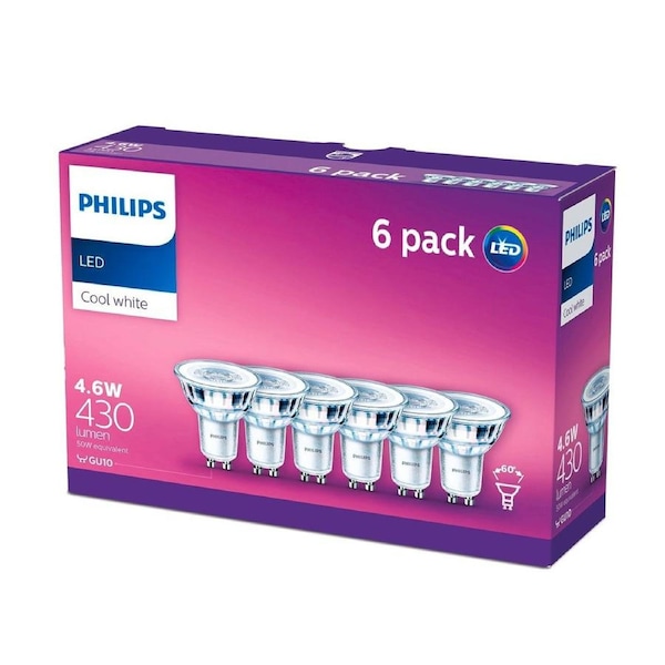 Philips LED Cool White Classic GU10 Globe 4.6W 6 Pack - 52mm x 146mm
