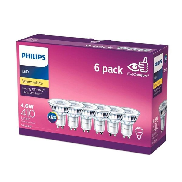 Philips LED Warm White Classic GU10 4.6W 410lm Globe 6 Pack 929001287698