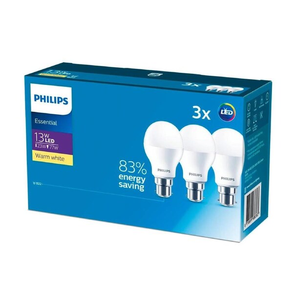 Philips A60 B22 LED Globe 1350lm Warm White 13W 3 Pack