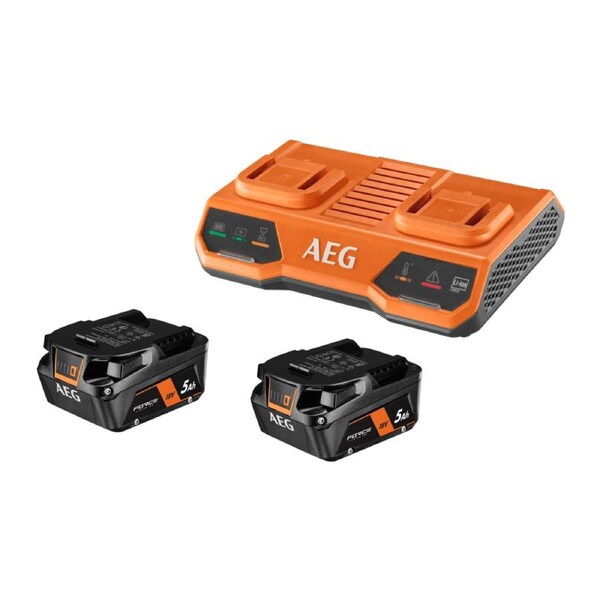 AEG 18V 5.0Ah Dual Port Charger & Battery Twin Pack - 2 Batteries - 85 Min Charge