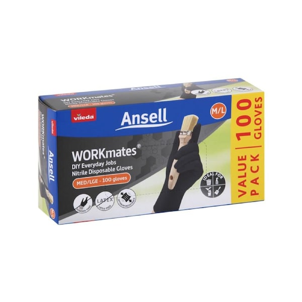 Vileda Ansell Nitrile Disposable Gloves 100pk Medium Large - Puncture Resistant