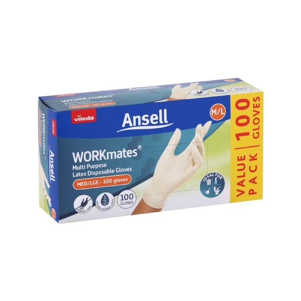 Vileda Ansell Workmates Latex Disposable Gloves 100pk Medium Large - Powder-Free - Hygienic Protection - Soft Natural Rubber Latex