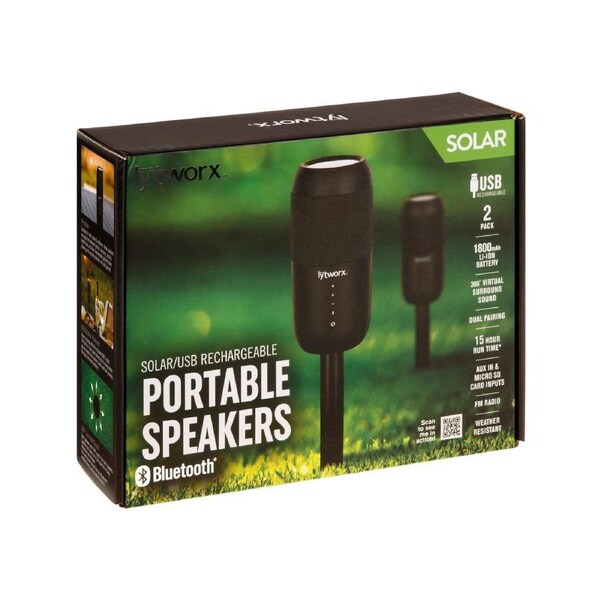 Lytworx Solar USB Portable Bluetooth Speakers 2 Pack - 360o Sound - 395 x 75 x 75 mm