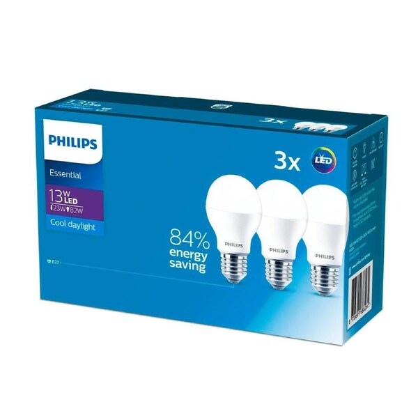 Philips A60 E27 LED Globe 1450lm Cool Daylight 13W 3 Pack - 58mm x 104mm