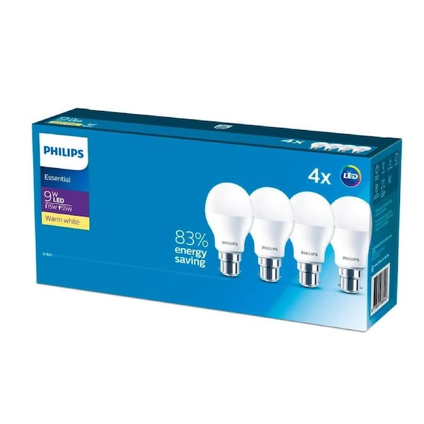 Philips A60 B22 LED Globe 9W 900lm Warm White 4 Pack 58mm x 104mm