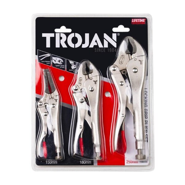 Trojan 3 Piece Locking Plier Set - Chrome Vanadium Steel - 29mm x 6mm x 350mm
