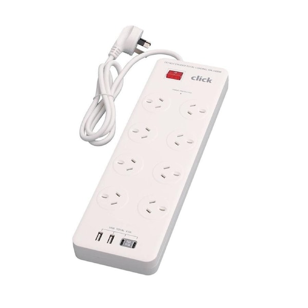 Click 8 Outlet Power Board with USB Charger - 240V - Surge Protection - 1m Lead