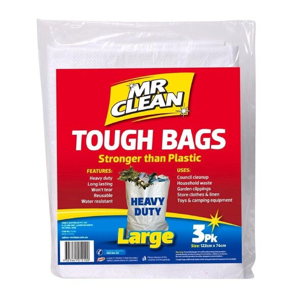 Mr Clean Tough Bags Large - Heavy-Duty Reusable Garbage Bags - 1220mm x 740mm - White