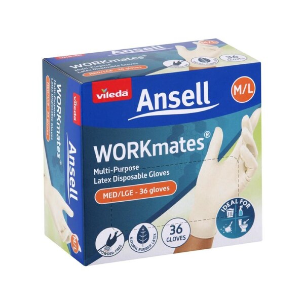 Vileda Ansell Workmates Latex Disposable Gloves 36pk Medium Large - Powder-Free - Comfortable Fit - Hygienic Hand Protection