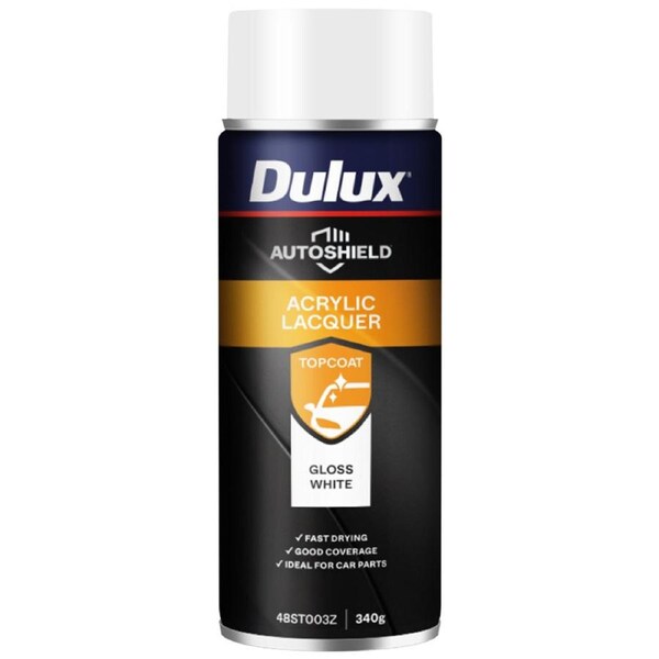 Dulux 340g White Gloss Autoshield Acrylic Lacquer Spray Paint - Fast Drying - Good Adhesion