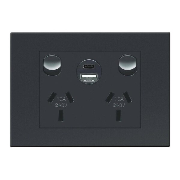 HPM Black Vivo Double Powerpoint - 2 Outlets - 15W USB Charger