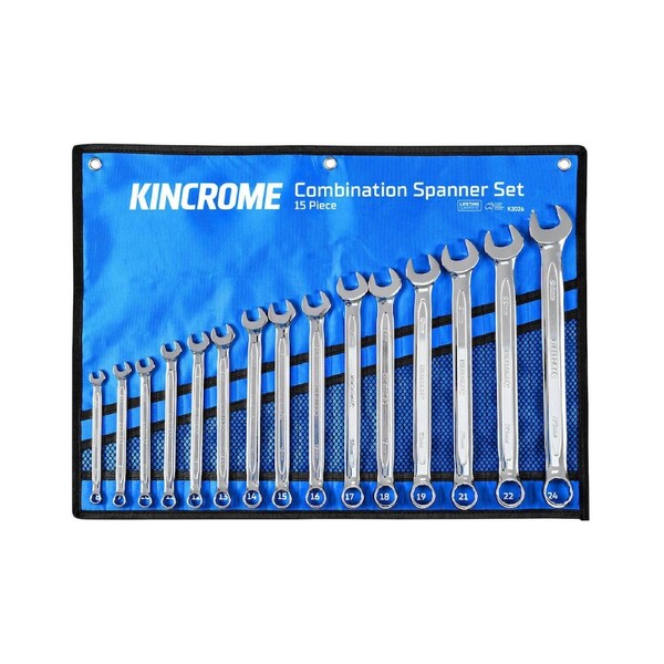 Kincrome 15 Piece Metric Combination Spanner Set - Chrome Vanadium Steel - 650mm x 330mm x 20mm - Durable & High Leverage