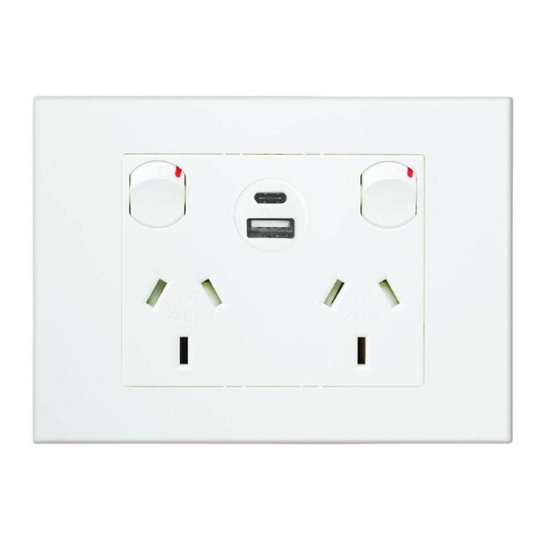Hpm White Vivo Double Powerpoint - 2 Outlets - 15W USB Charger - Compact Design