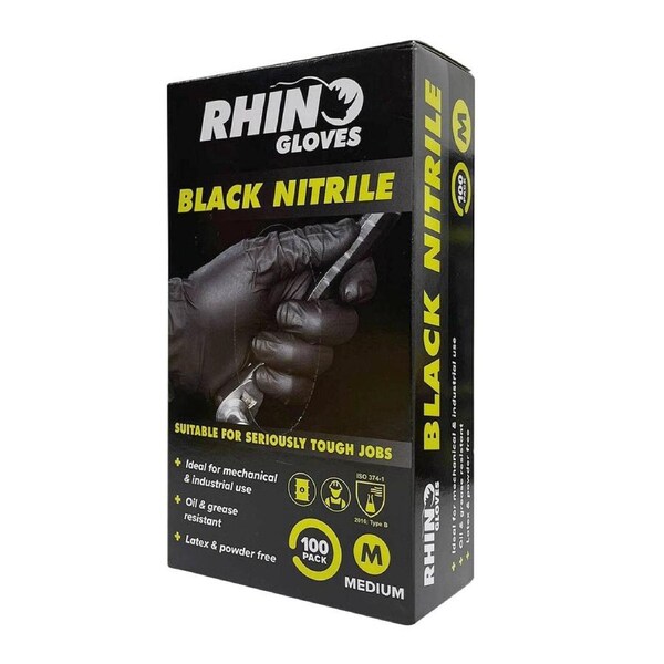 Rhino Gloves Medium Nitrile Disposable Gloves 100 Pack - Puncture Resistant - Textured Grip - 220mm x 125mm x 60mm